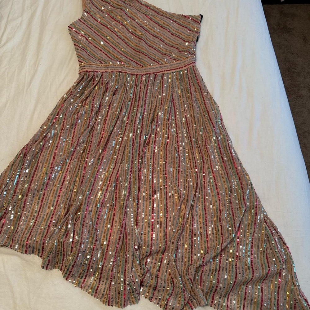Laundry by Shelli Segal Stripe Sequin Asymmetrical Dress